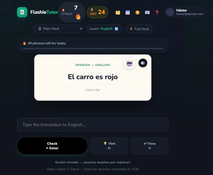 La pantalla de estudio con una tarjeta en español y los botones de corrección